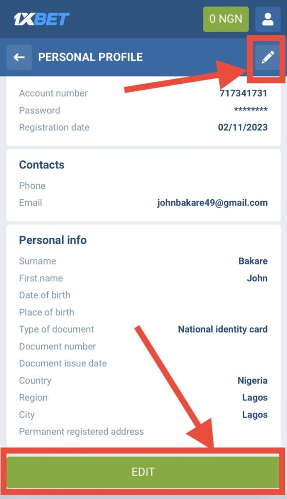 1xBet edit profile data
