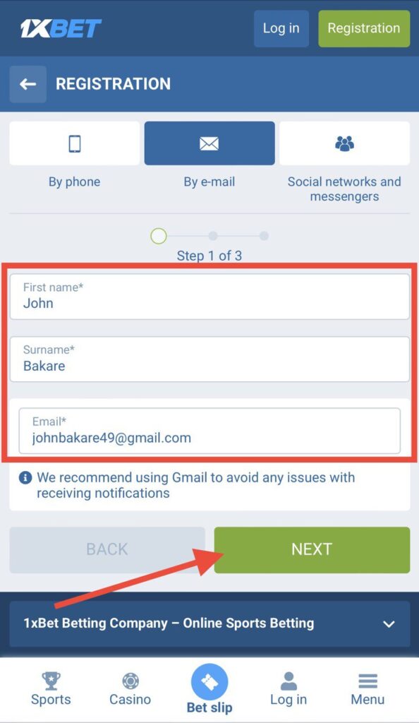 1xBet email registration first step