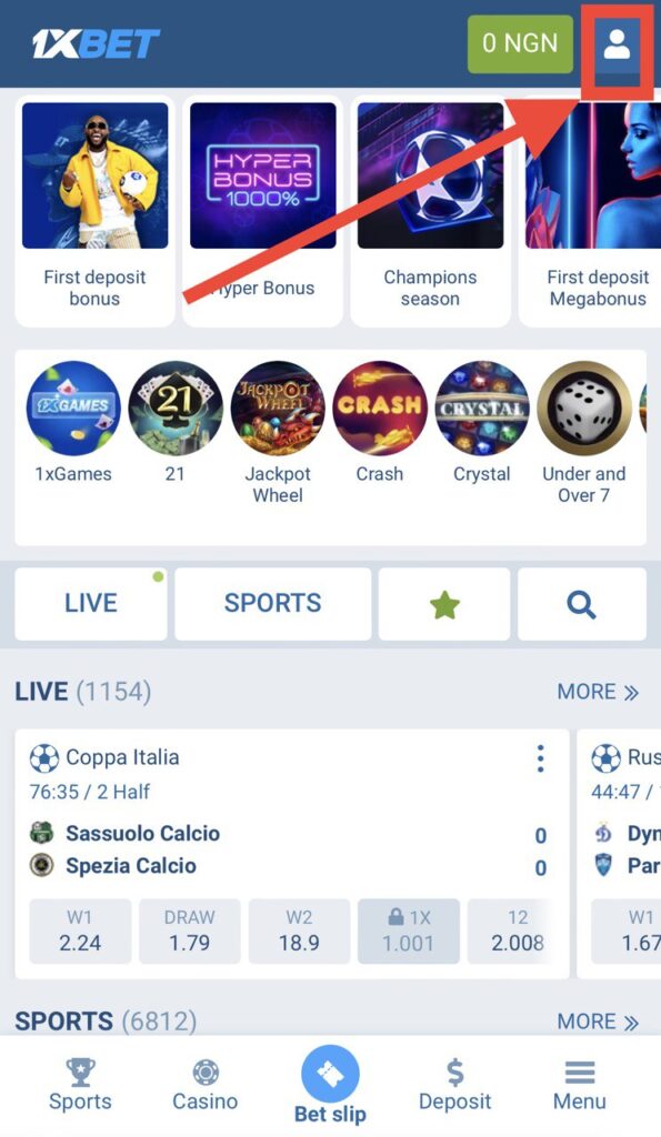 1xBet profile button