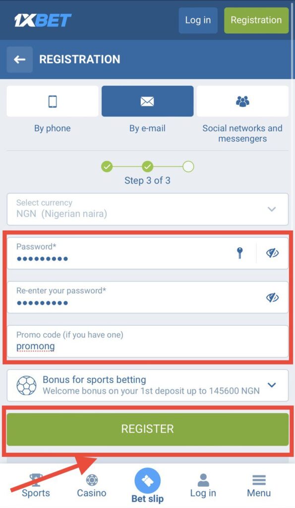 1xBet registration by e-mail filled-out third step