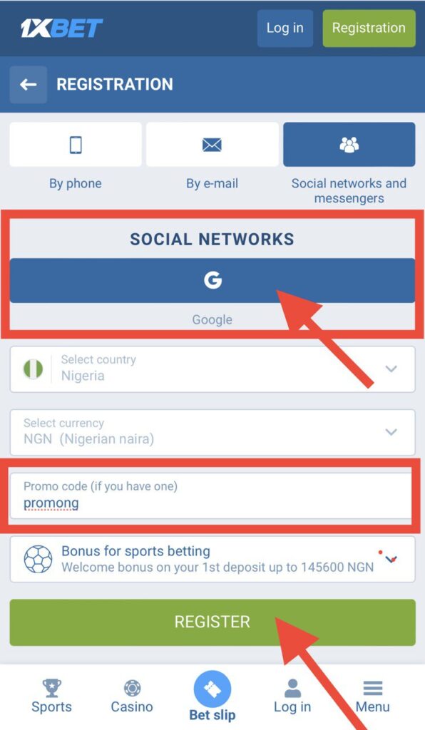 1xBet registration by social media