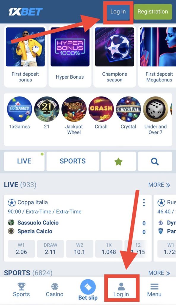 1xBet website Log in buttons