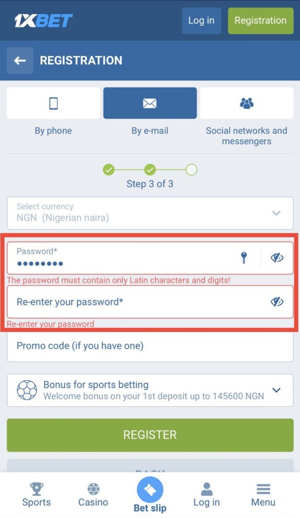 1xbet email registration password rules