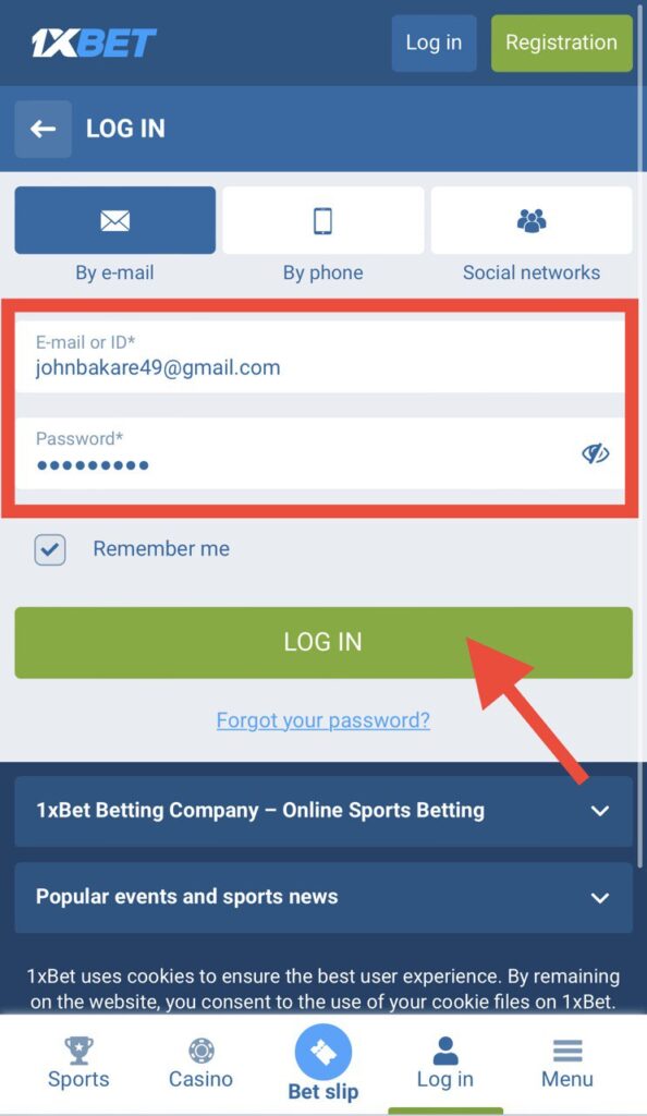 1xbet log in filled form