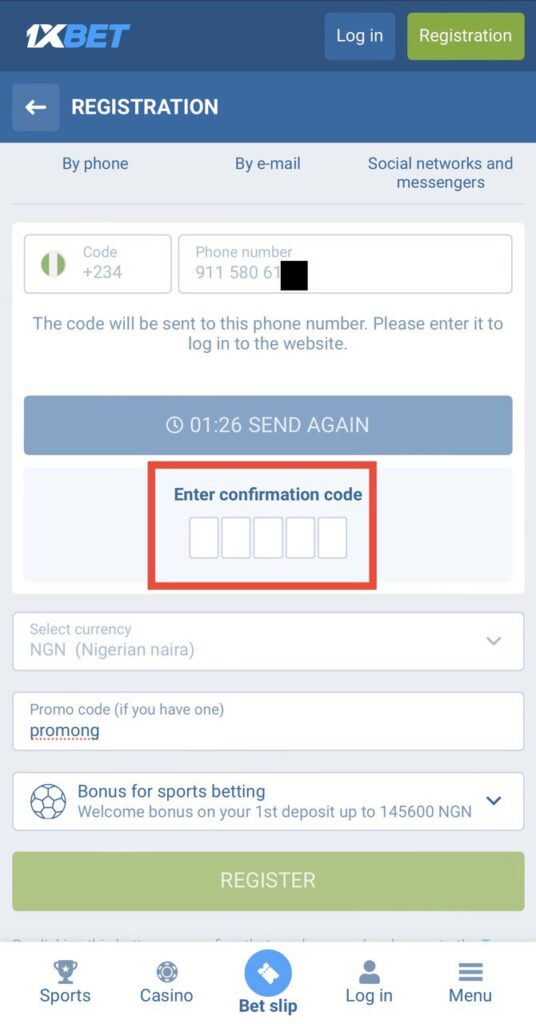 1xbet mobile phone confirmation code