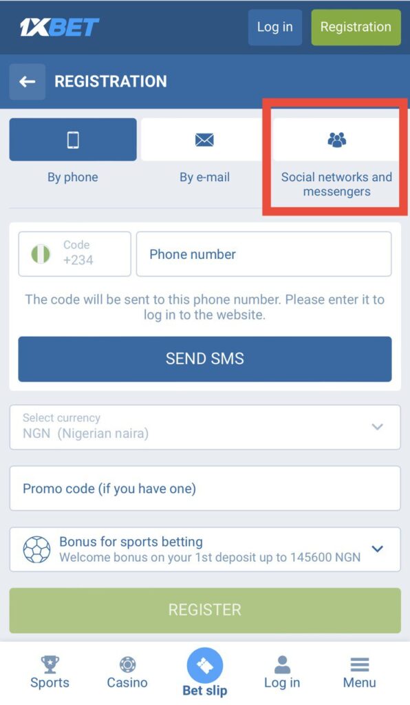 1xbet registration by social media tab