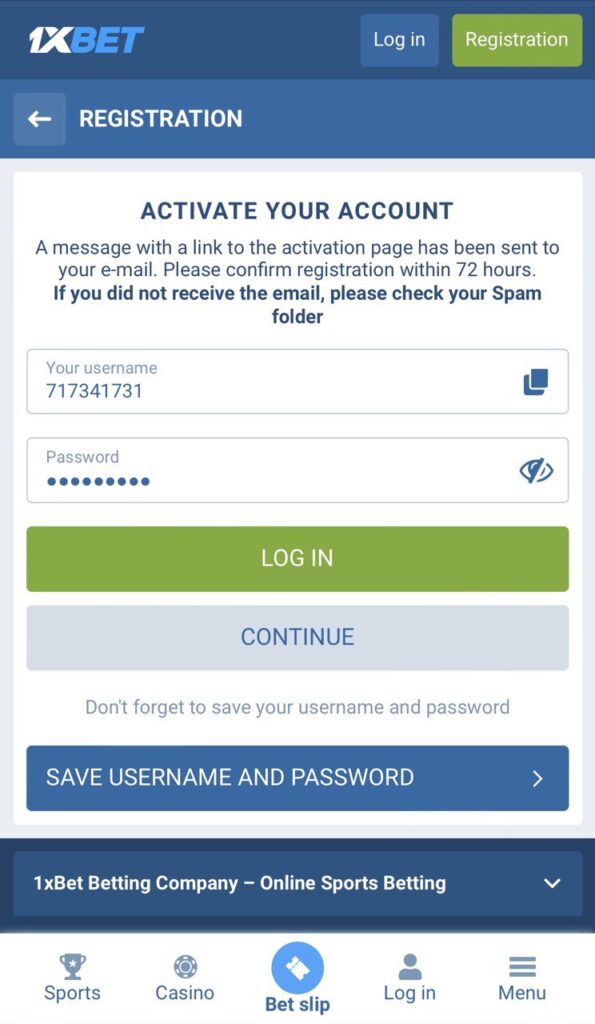 1xbet registration email log in after success registration