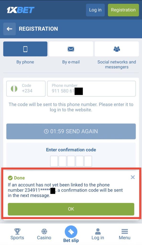 1xbet form registration success sms send