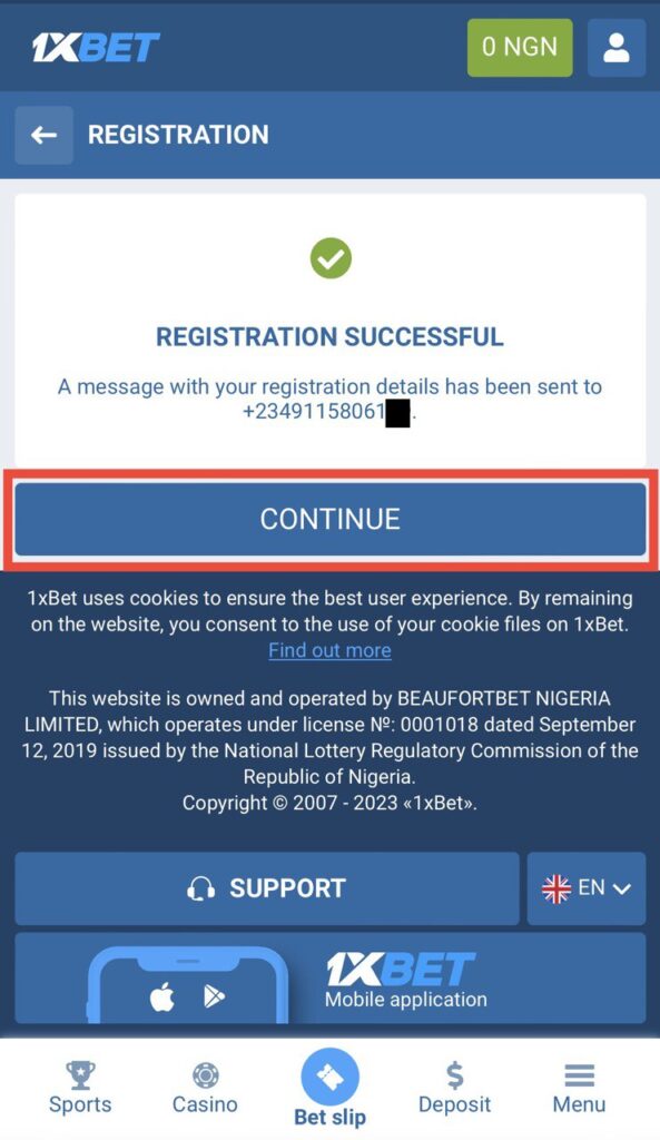 1xbet success registration