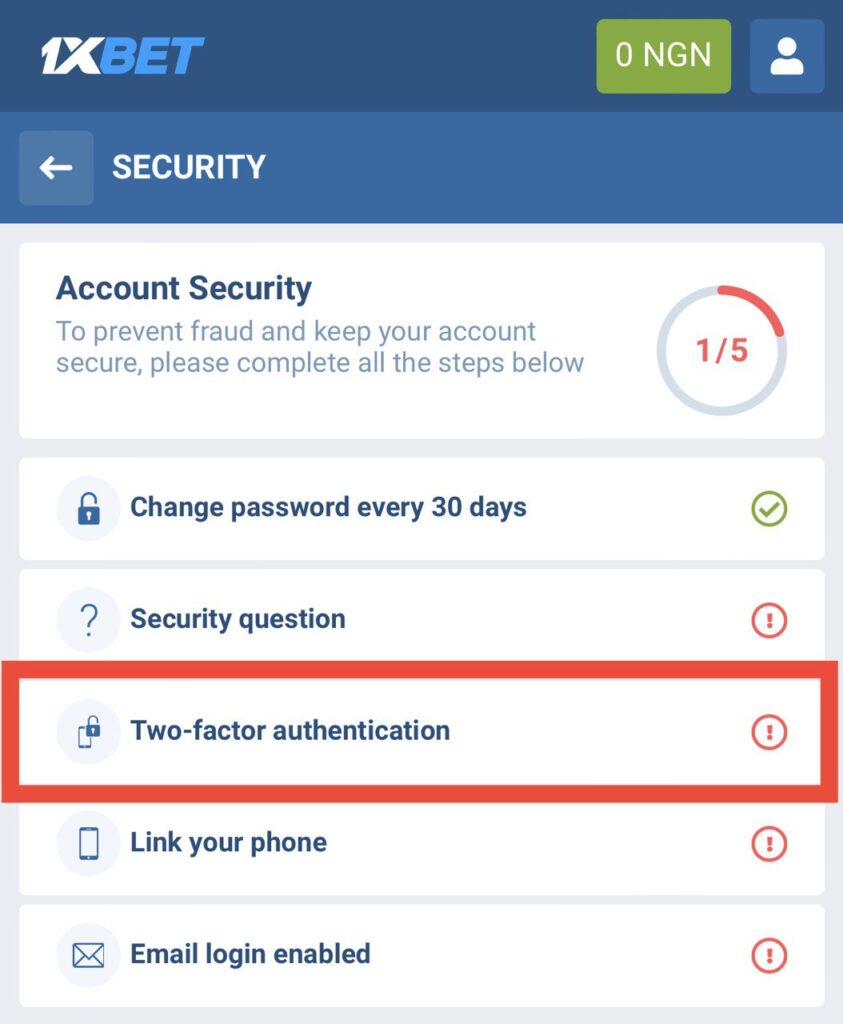 1xbet website two-factor authentication option