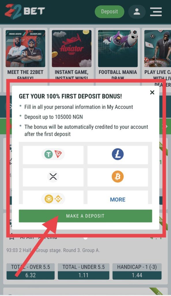 22BET first deposit bonus pop-up window