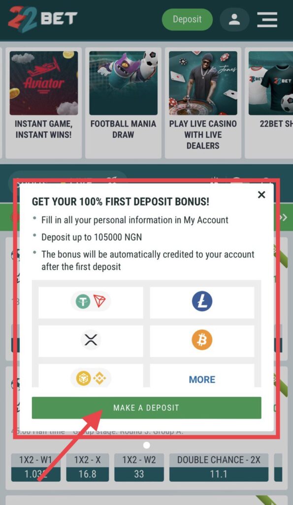 22BET pop-up window first deposit bonus offer