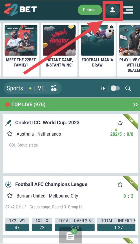 22BET website profile button