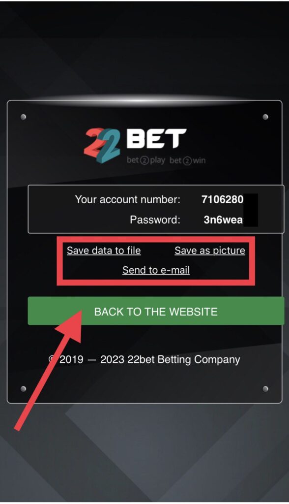 22bet registration by social media success screen