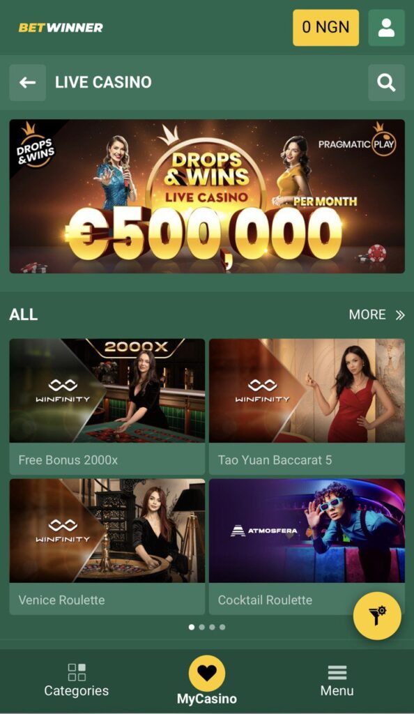 BetWinner Live Casino page