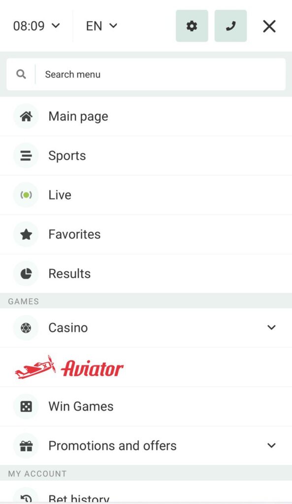 BetWinner Menu Page