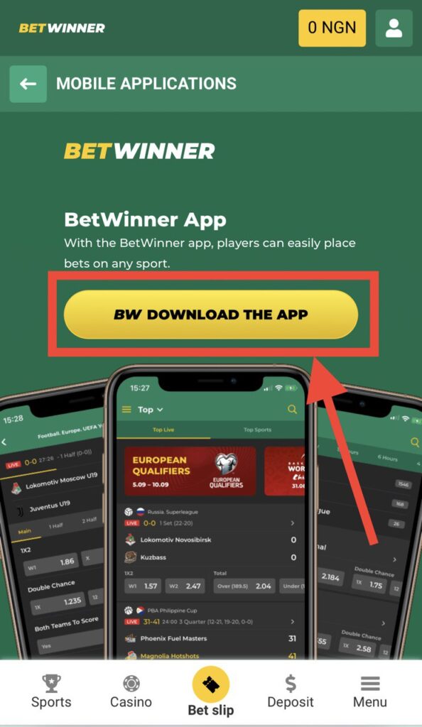 BetWinner download mobile app button