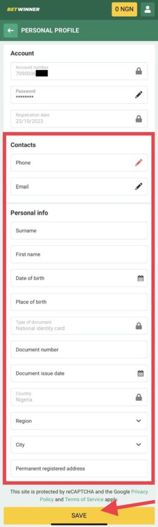 BetWinner personal data form