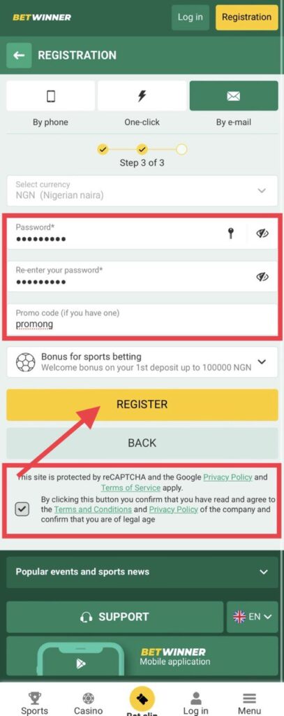 BetWinner registration by e-mail filled-out third step