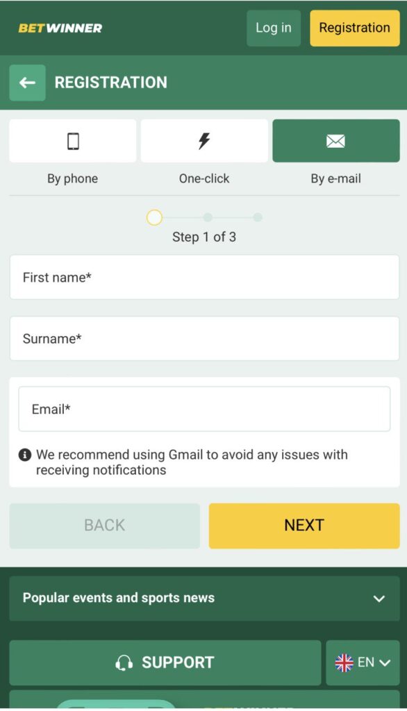 BetWinner registration by e-mail first step