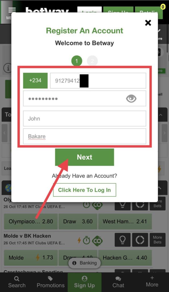 Betway registration first step