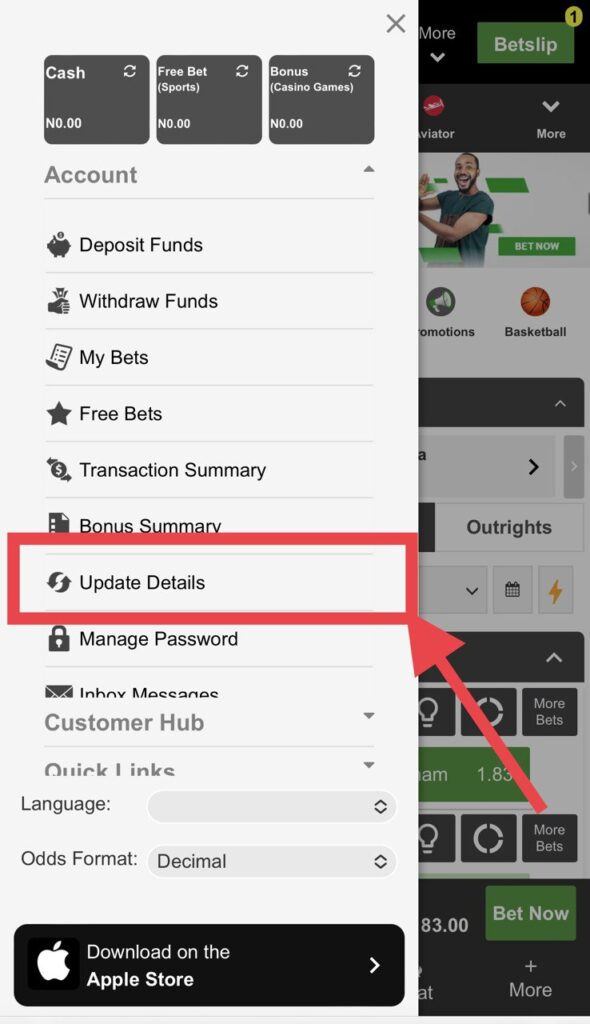 Betway update details option