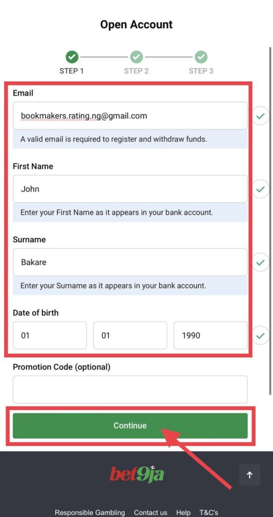 bet9ja registration first step filled-out form