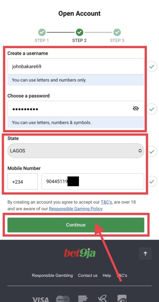 bet9ja registration second step filled-out form