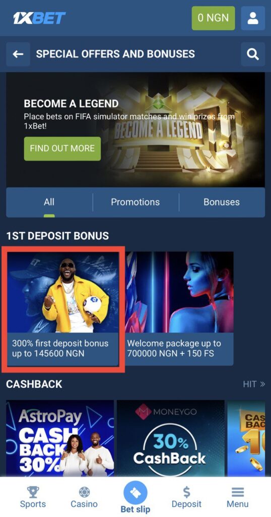 1xBet 300% first deposit bonus promotion