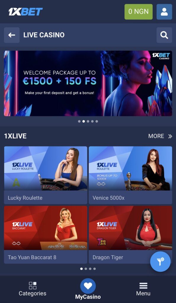 1xBet Live Casino page