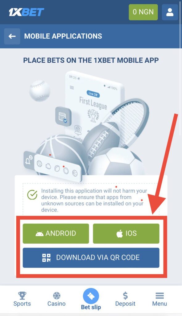 1xBet Mobile applications page