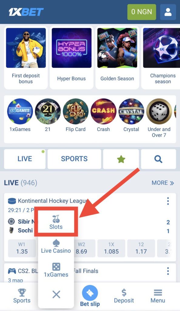 1xBet Slots button