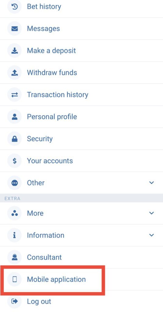 1xBet menu Mobile application option