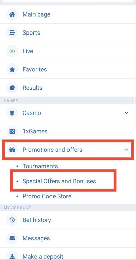 1xBet menu Special Offers and Bonuses option