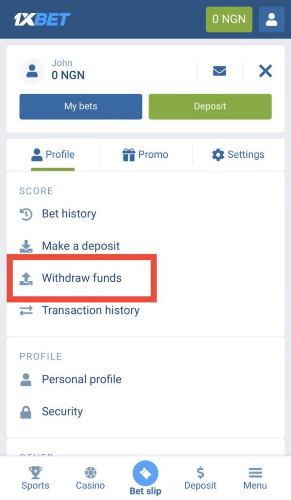 1xBet profile withdraw funds option