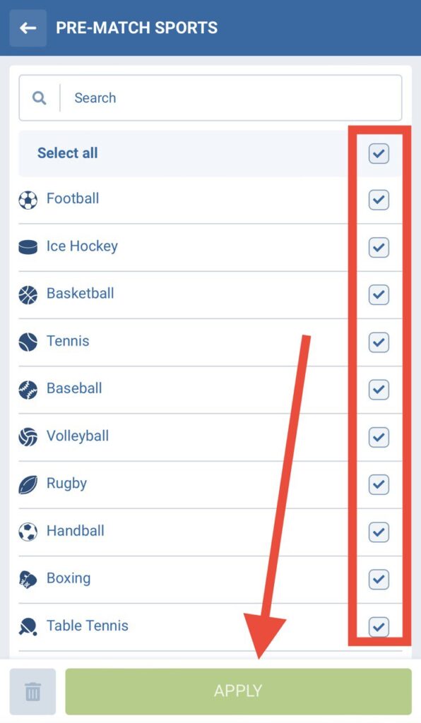 1xBet sports categories settings