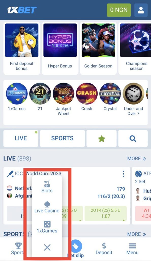 1xBet website Casino sections