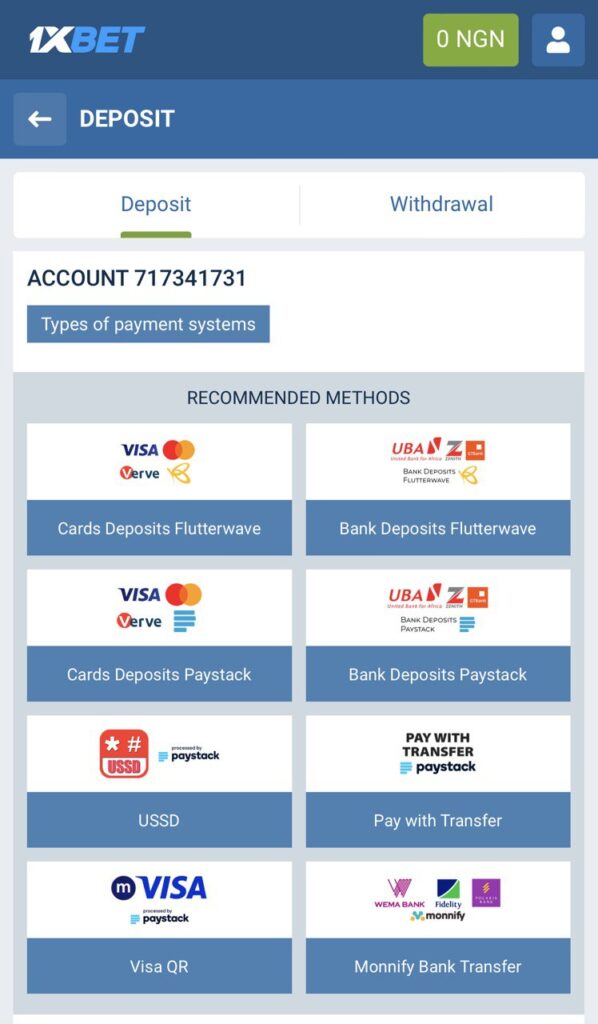 1xBet website deposit options