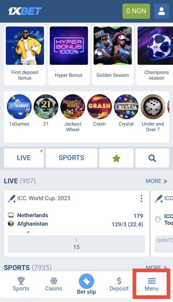 1xBet website menu button