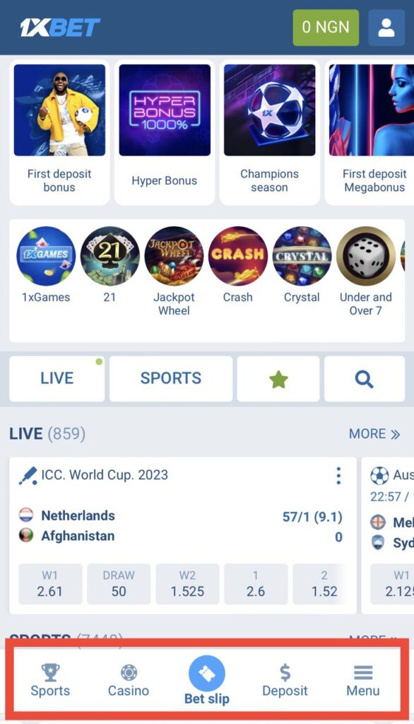 1xBet website navigation panel