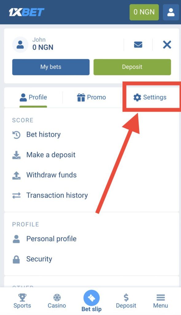 1xBet website settings tab