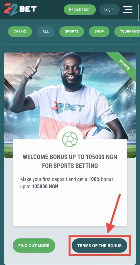 22Bet Bonuses page