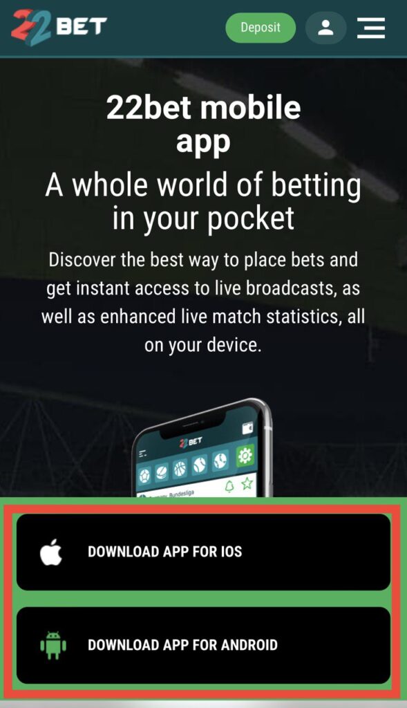 22Bet download mobile apps buttons