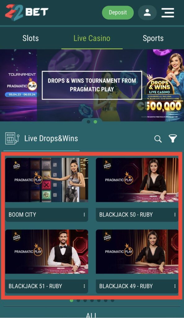 22Bet website, Live Casino page