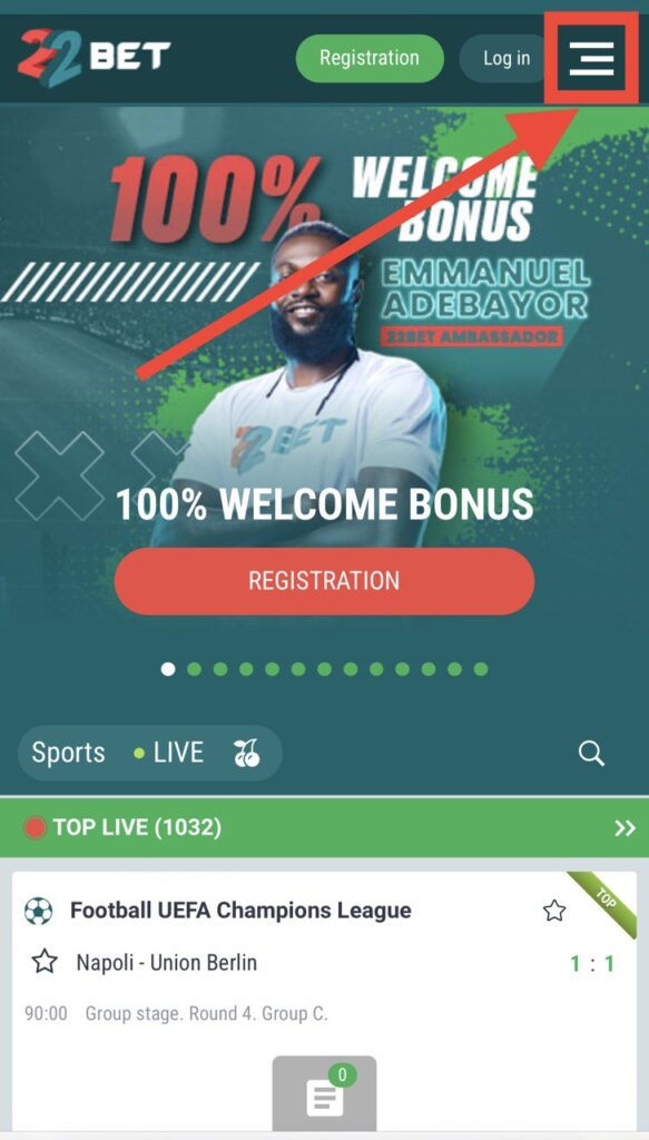 22Bet website, menu icon