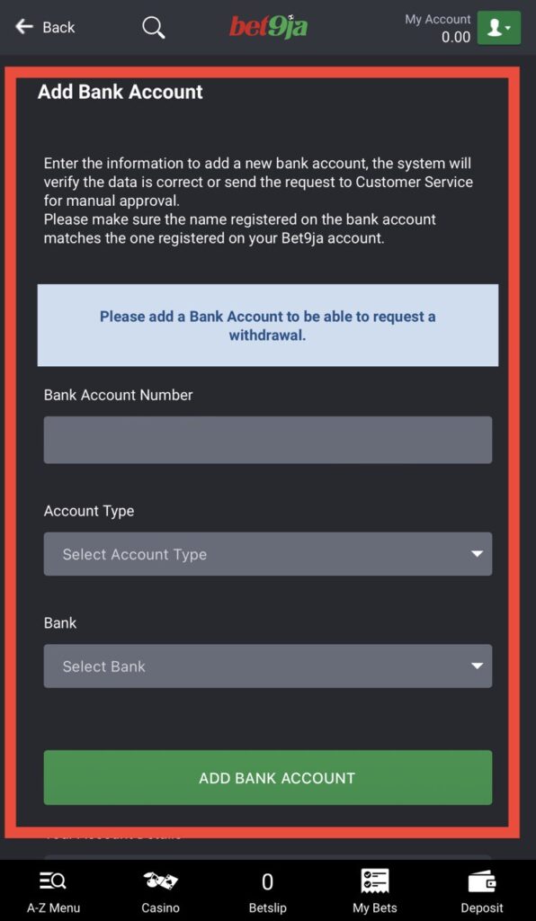 Bet9ja Add Bank Account