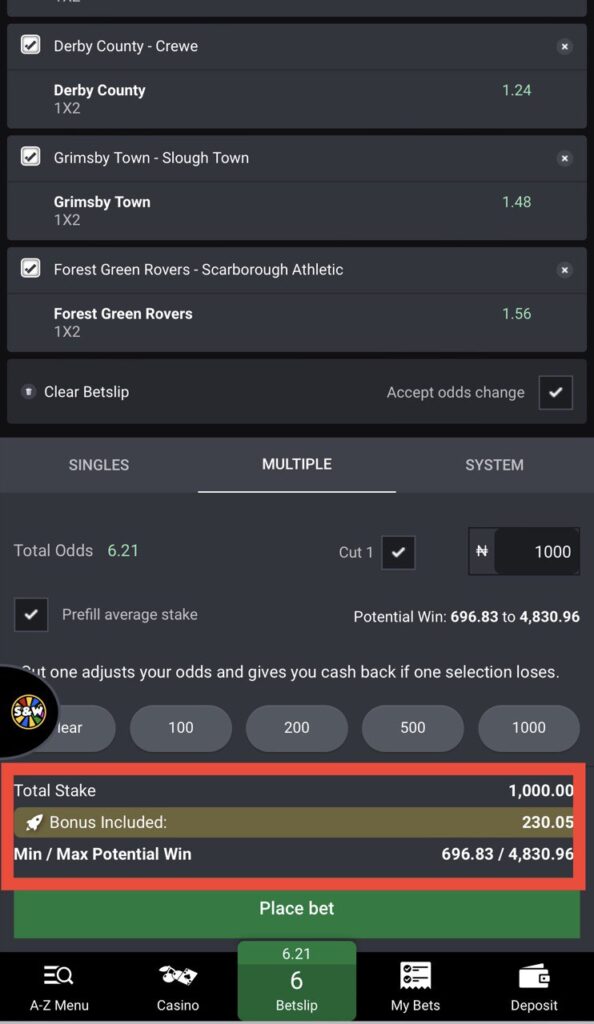 Bet9ja Cut 1 example Betslip