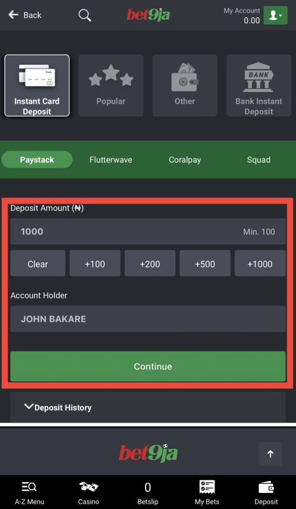 Bet9ja Deposit with Bank card