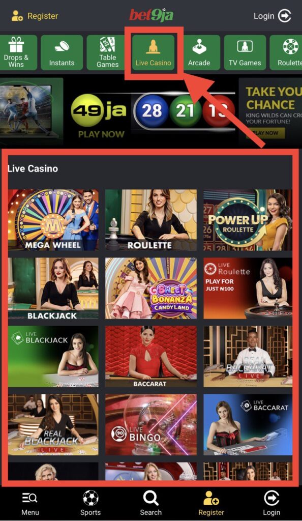 Bet9ja Live Casino button and Page