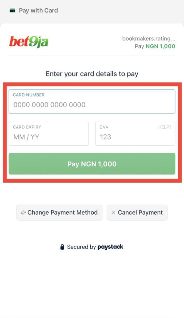 Bet9ja Paystack payment form